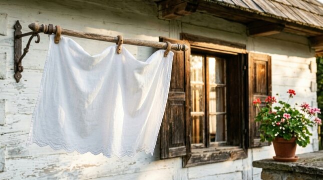 Close-up white curtain hanging clothesline is of a scalloped edge