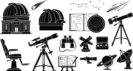 Astronomy Equipment and Observatory Icon Set with Telescopes Constellations and Space Research Tools Silhouette Vector © Abdul