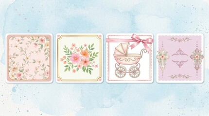 Naklejka premium Collage four square frames different designs A set of cute watercolor templates for Baptism invitations. Vintage