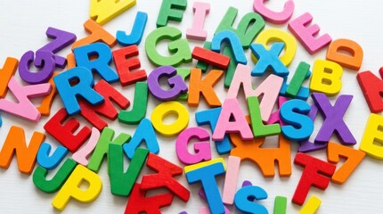Fototapeta premium Collection colorful alphabet letters scattered white Bright letter magnets arranged on a surface