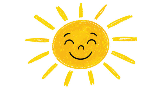 Smiling yellow sun with rays and happy face expression isolated on white background