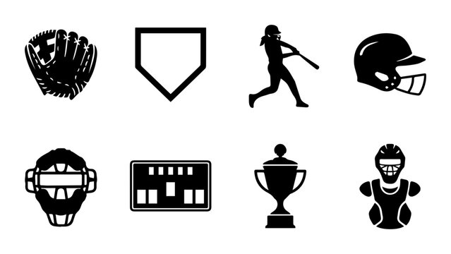 Baseball and Softball Icons Set: Glove, Home Plate, Batter, Helmet, Catcher, Scoreboard, Trophy, 8 Vector Elements