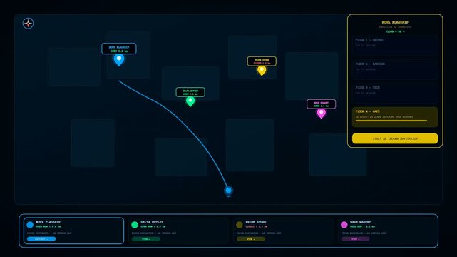 A sleek futuristic digital map interface demonstrating augmented reality shopping navigation as a dynamic blue path tracks movement toward different retail locations.