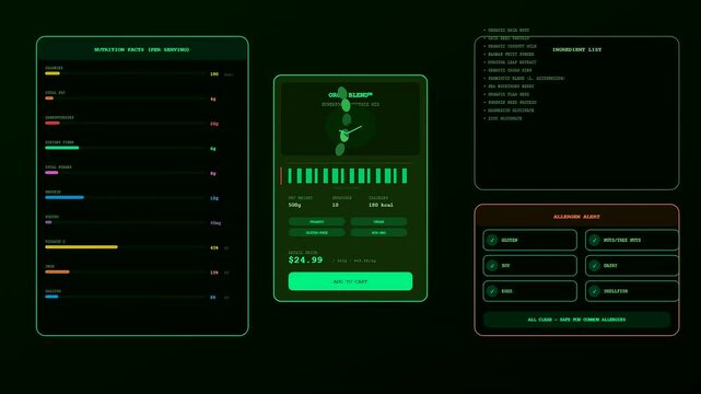 A futuristic user interface demonstrating augmented reality shopping displays detailed nutritional information and ingredient lists scanning a product on a dark green screen
