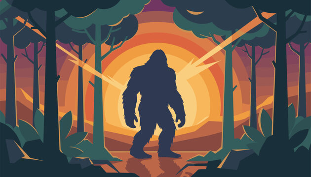 Bigfoot or Sasquatch silhouette standing in a deep forest at sunset, capturing the mystery and legends of mythical creatures in nature.