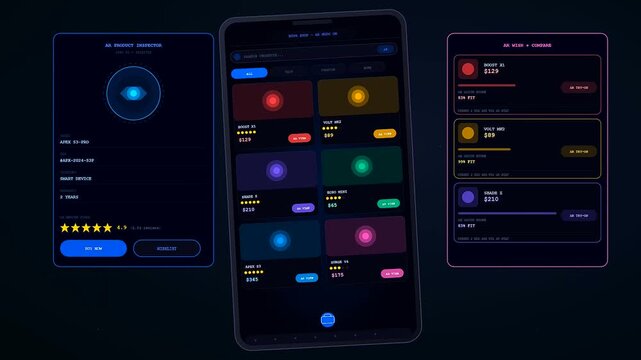 A futuristic mobile interface demonstrates augmented reality shopping by scanning products, displaying a digital grid of items, and comparing their specs on screen.