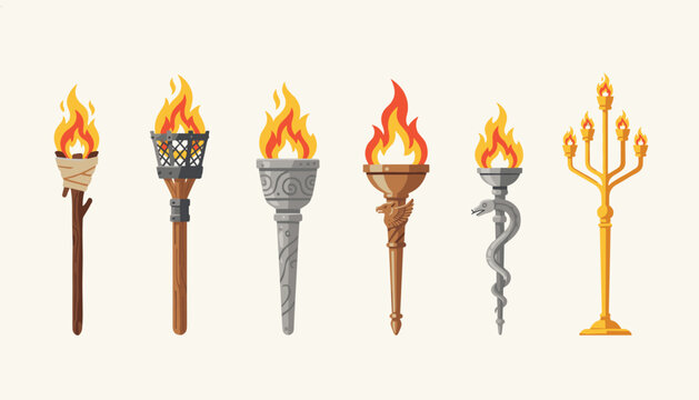 Detailed set of historical medieval fire torches and a golden candelabra rendered in a classic eight-bit pixel art style.