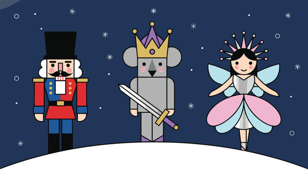 Cute cartoon characters from the classic Nutcracker ballet stand together on a snowy hill under a dark starry sky.