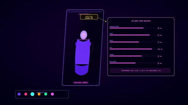 Utilizing advanced augmented reality shopping technology, this animated interface displays virtual clothing fit adjustment with precise real time body scan.