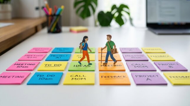 Group colorful sticky notes arranged grid-like Skills taxonomy development maps into a shared framework, helping