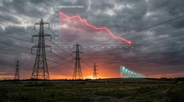 Group electricity pylons field line graph with Rising Overlay Depicting Increasing Energy Costs