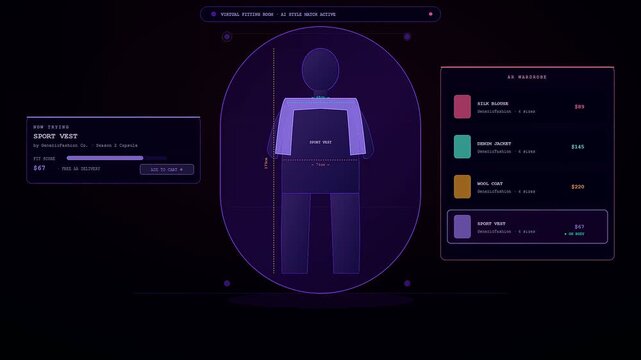 An innovative augmented reality shopping interface displays a stylized digital avatar virtually trying on different clothing items in a sleek dark neon aesthetic.