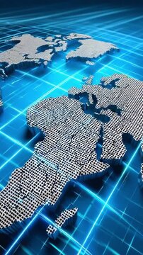 Global Network: A 3D rendered world map, composed of countless tiny cubes, glows with a vibrant blue energy grid, symbolizing worldwide connectivity and digital data streams.