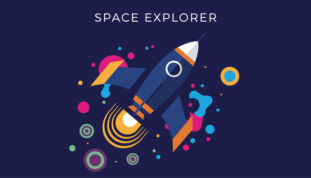 Space explorer illustration showing a retro spaceship launching into galaxy against a dark background with stars.