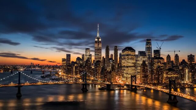 Time lapse of New York financial center skyline and Brooklyn Bridge at night