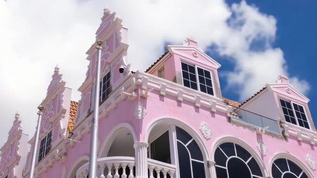Time lapse of a pink colonial shopping arcade in Oranjstad Aruba