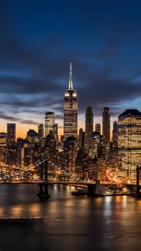Time lapse of New York financial center skyline and Brooklyn Bridge at night