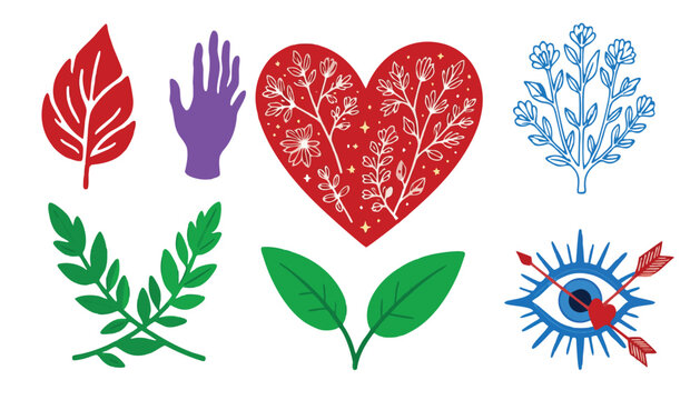 Collection of stylized flat design decorative elements including leaves hearts flowers and evil eye symbols