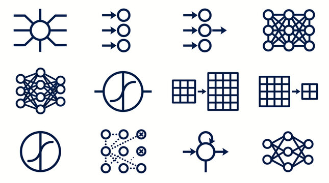 Collection of various neural network and machine learning icons and symbols