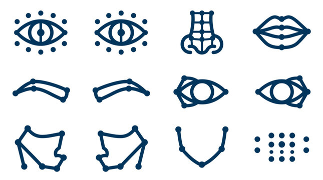 Collection of various facial features and braille dots in dark blue lines
