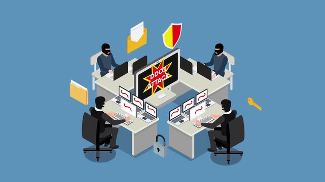 Isometric Cybersecurity Team Countering a DDoS Hacker Attack 3d animation cartoon