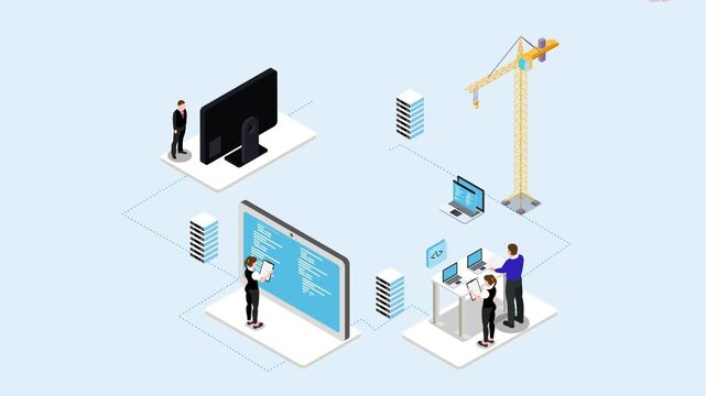 Isometric Software Development Network with Engineers and Servers 3d animation cartoon