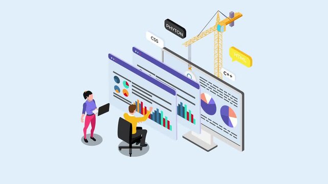 Isometric Web Development and Data Analytics Dashboard Concept with Developers 3d animation cartoon