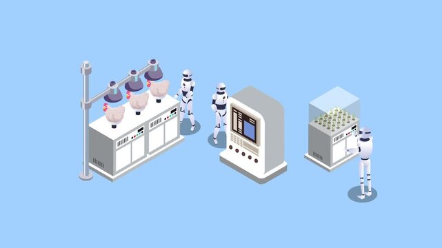 Futuristic Lab with Humanoid Robots Monitoring Chicken Breeding 3d animation cartoon