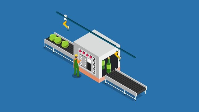 Automated Food Processing and Bottling Factory Line 3d animation cartoon