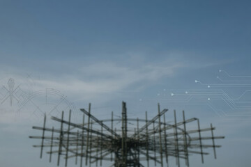 Fototapeta premium Antenna communication technology sky blue network signal abstract structure metal communication antenna blue sky network signal abstract structure metal silhouette outdoor technology background