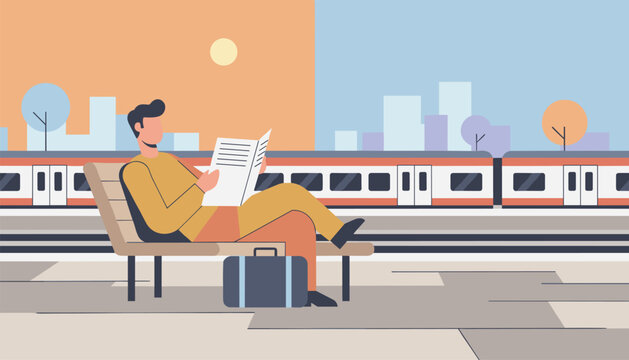 Man relaxes on a station bench reading a newspaper with his suitcase nearby as a passenger train passes by on the railway tracks.