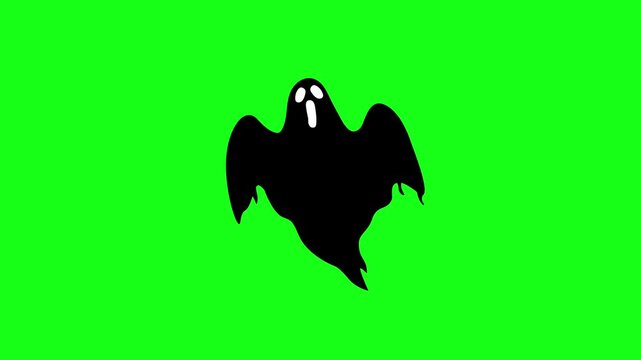 Spooky floating ghost silhouette animation with a classic scary expression on a chroma key green screen background