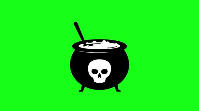 Silhouette of a witch's cauldron boiling a magical potion featuring a skull icon on a chroma key green screen background