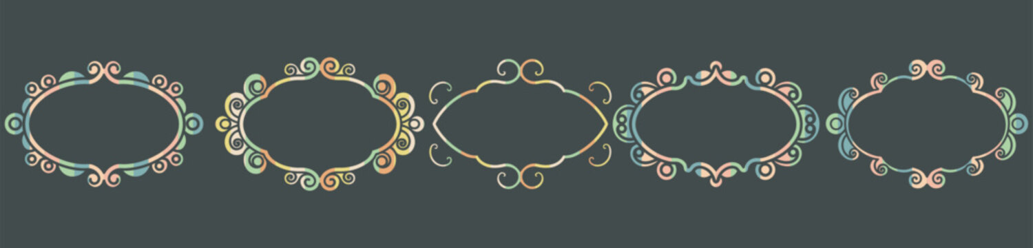 Collection of decorative swirl frames on dark background.
