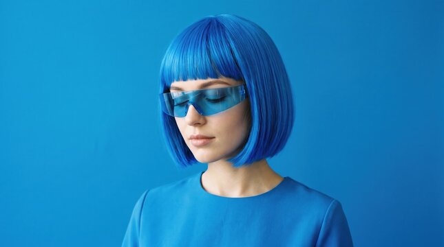 Woman with blue bob wig and blue eyeglasses against blue background bob cut one person young adult dress