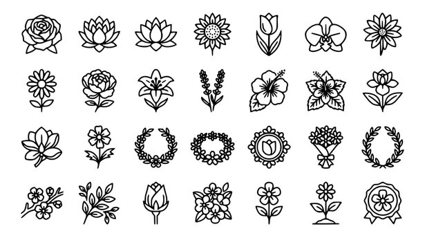 Elegant Flower Monoline Icon Pack Vector with Botanical Blossom Symbols for Web Apps Books Cards and UI Design