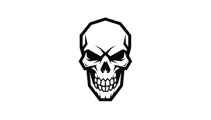 Fototapeta premium Bold black and white graphic illustration of a human skull featuring sharp contours and a menacing grin on a clean white background.
