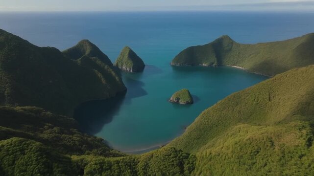 Breathtaking Senkaku Bay aerial showing lush green mountains and ocean