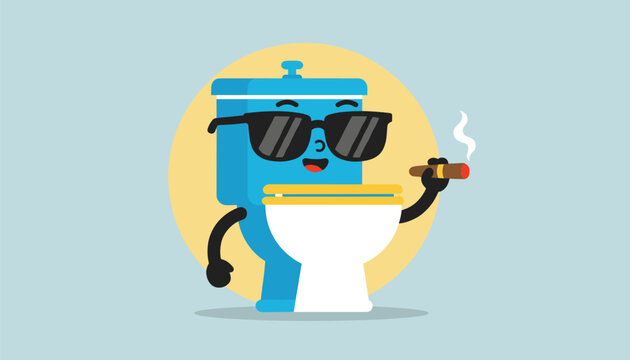 Funny blue toilet character wearing sunglasses and smoking a cigar on a yellow circular background, representing a humorous concept.