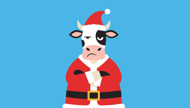Grumpy cow wearing a Santa Claus suit with arms crossed on a solid light blue background for Christmas themed design.
