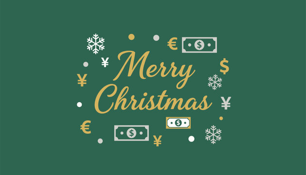 Elegant Christmas greeting card design on a dark green background with money symbols, currency notes, and snowflakes for financial holidays.