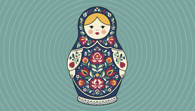 Traditional Russian matryoshka doll featuring intricate floral patterns and classic folk art design on a soft teal background aesthetic.