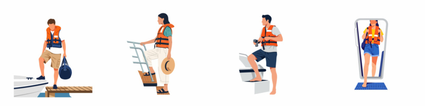 Set of flat illustrations showing people boarding and disembarking boats, all wearing orange life vests for nautical safety and travel.