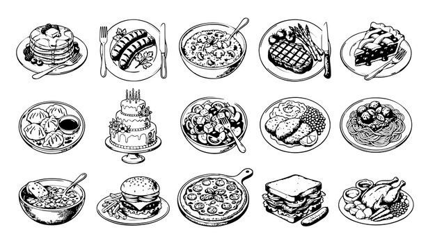 Untitled design - 3 Vintage Restaurant Food Illustration Pack with Pancakes Risotto Steak Spaghetti and Dessert Vector Set