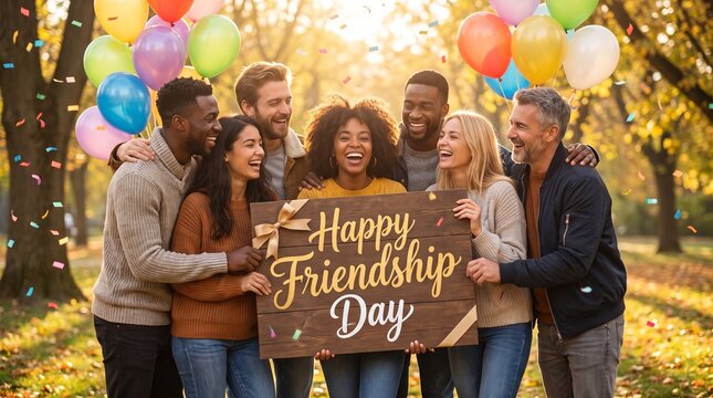 Diverse happy friends holding friendship day sign in sunny autumn park