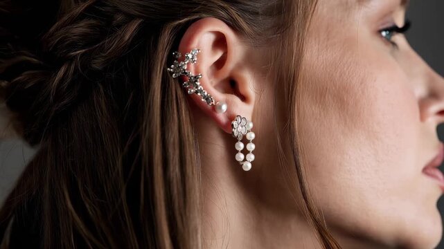 Elegant woman's profile wearing diamond ear cuff with soft studio lighting and bokeh background