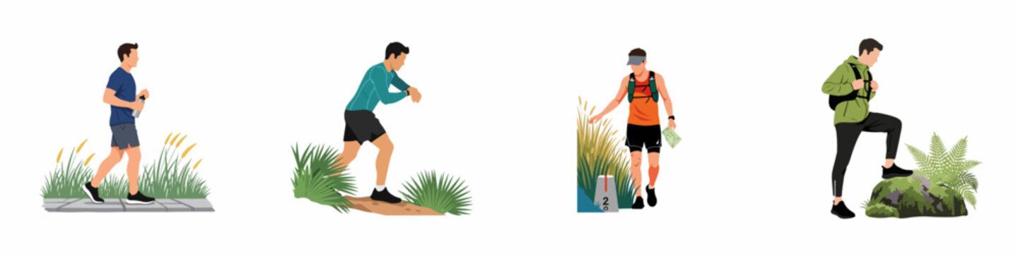 Set of flat illustrations showing men engaged in various outdoor activities like running, hiking, and trail running in nature environments.