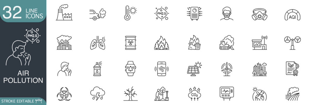 Air pollution, PM 2.5 and environmental problem line icon set with editable stroke