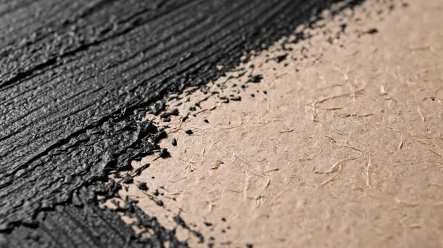 Close-up perspective of a black paint stroke texture on a cardboard surface with intricate details and rough edges.
