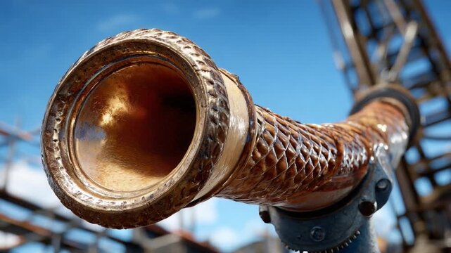 Vintage Pipework Detail: An extreme close-up captures the textured surface and intricate design of weathered, vintage pipework against a clear blue sky and industrial backdrop.